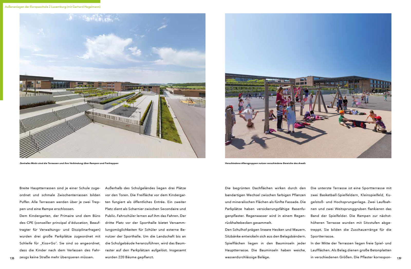 Quartiere Orte Räume — Diese Doppelseite des Buches zeigt die Aussenanlagen der Europaschule II in Luxemburg