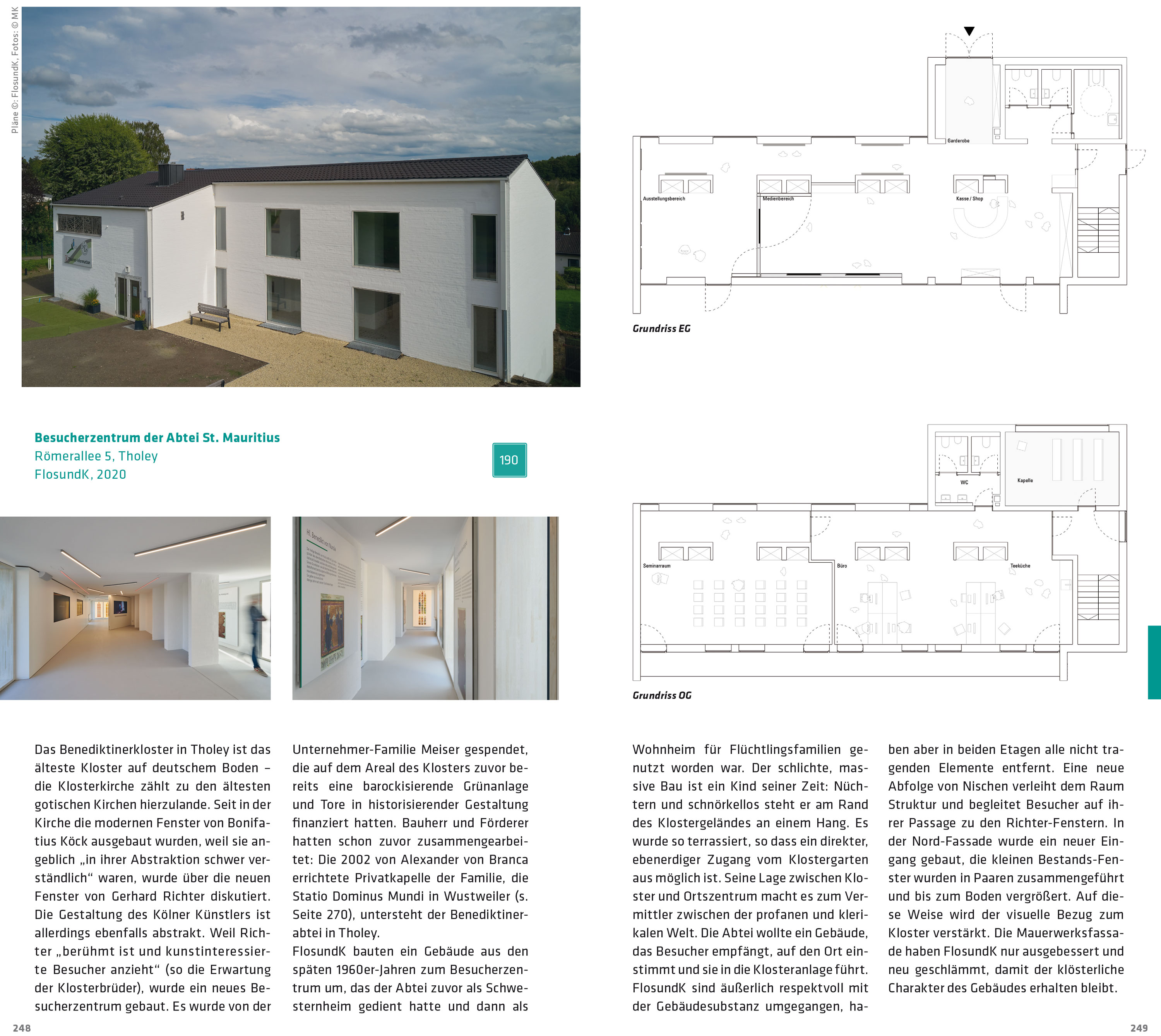 Architekturführer Saarland: aktualisierte und erweiterte Neuausgabe, 2024 — Doppelseite aus dem Architekturführer Saarland: Besucherzentrum des Klosters St. Mauritius in Tholey von FlosundK Architekten