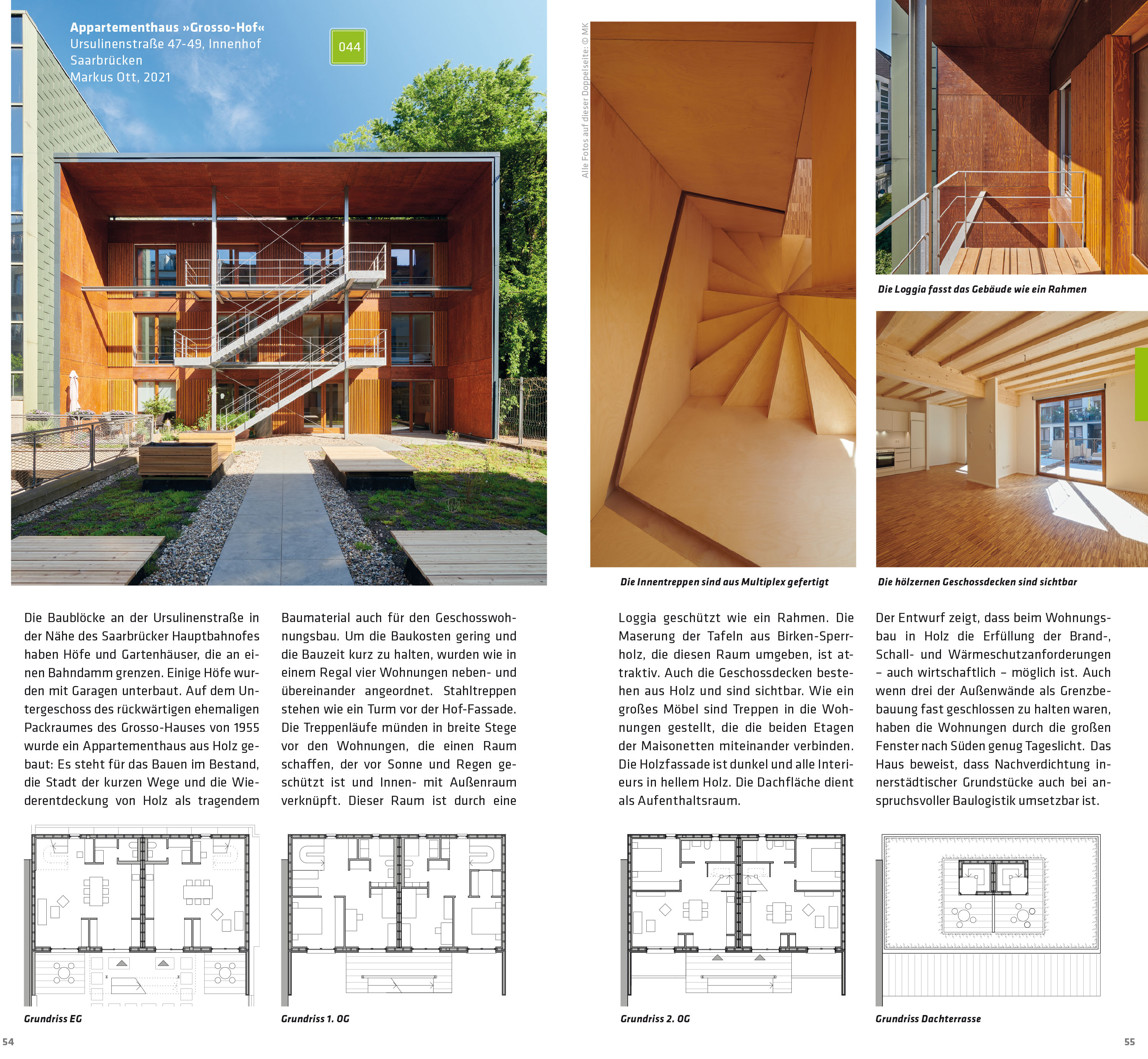 Architekturführer Saarland: aktualisierte und erweiterte Neuausgabe, 2024 — Doppelseite aus dem Architekturführer Saarland: Appartementhaus »Grossohof« in Saarbrücken von Markus Ott