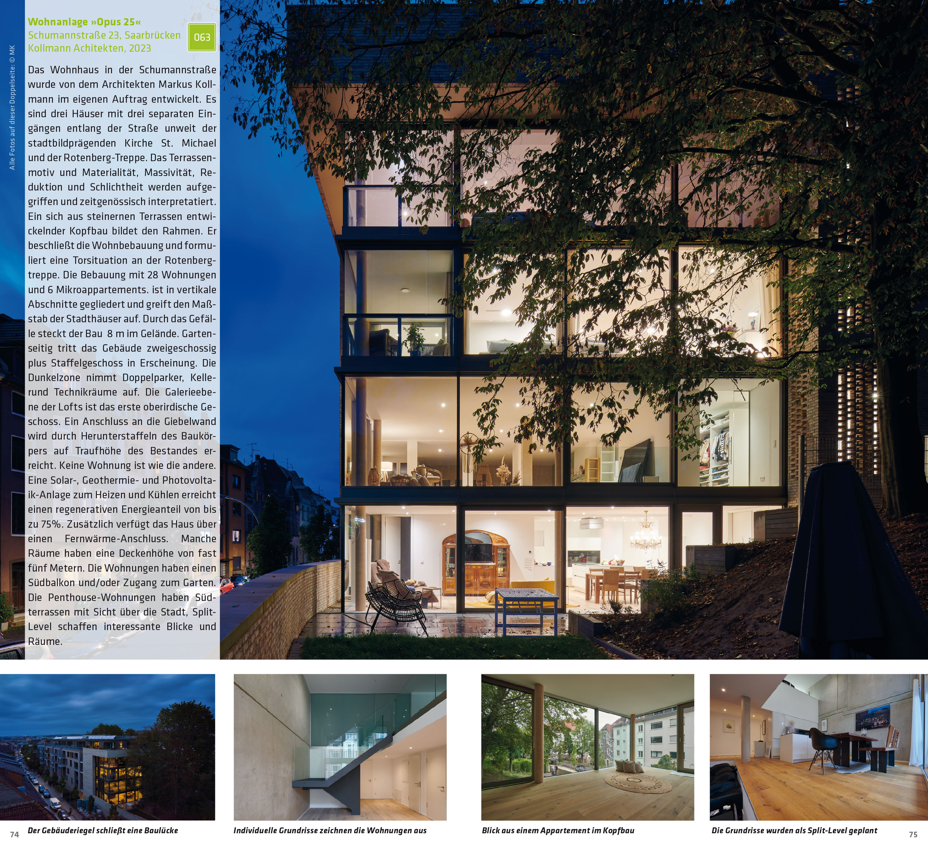 Architekturführer Saarland: aktualisierte und erweiterte Neuausgabe, 2024 — Doppelseite aus dem Architekturführer Saarland: Wohnanlage »Opus 25« in Saarbrücken von Kollmann Architekten