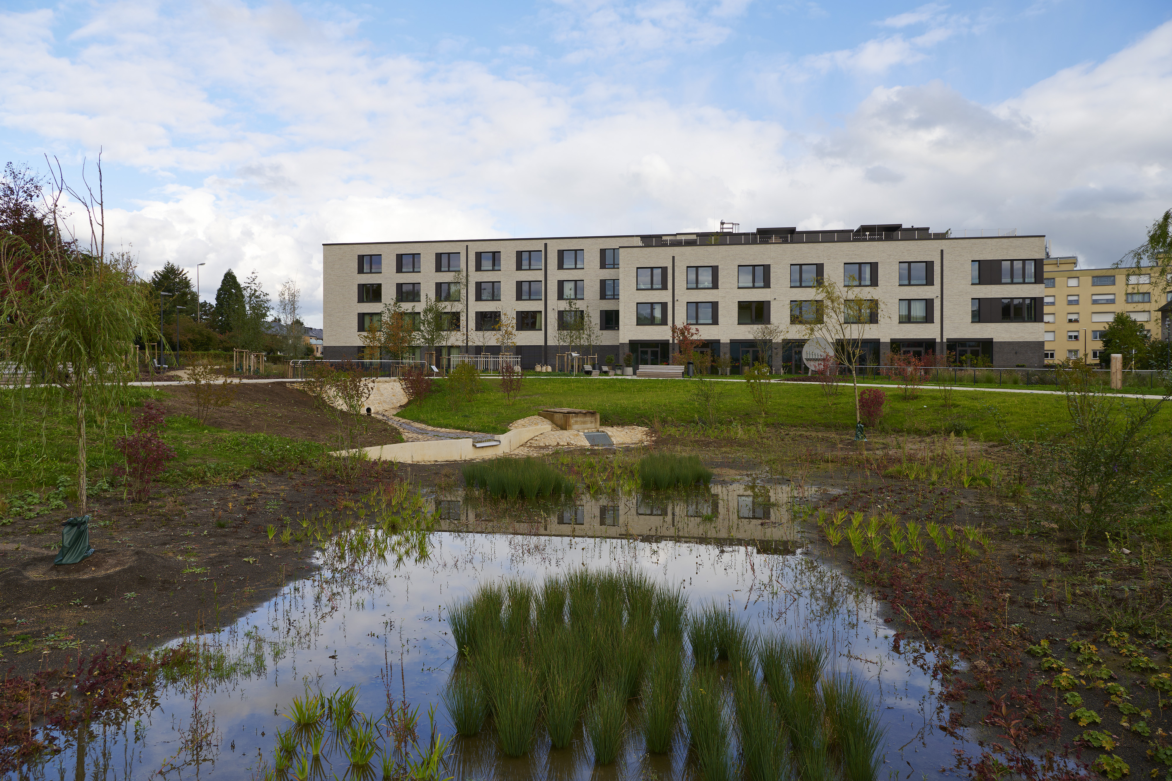Fotografien Schulkomplex mit Kita und Retentionspark Wobrécken, Esch an der Alzette — Blick über die Retensionsfläche nach Osten