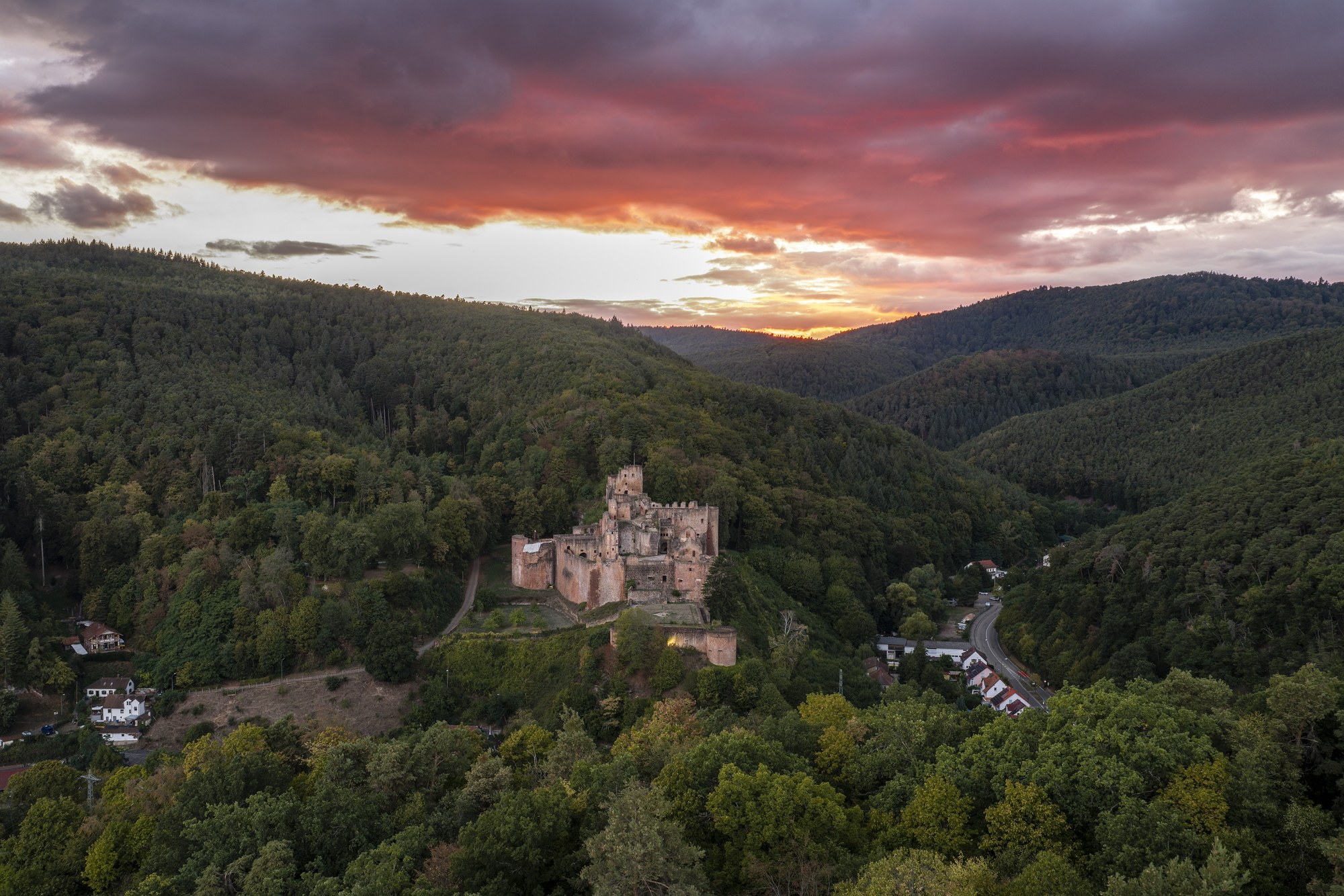 Burgruine Hardenburg, Bad Dürkheim — Luftbild der Anlage im bewaldeten Talraum, rechts der Ort Hardenburg