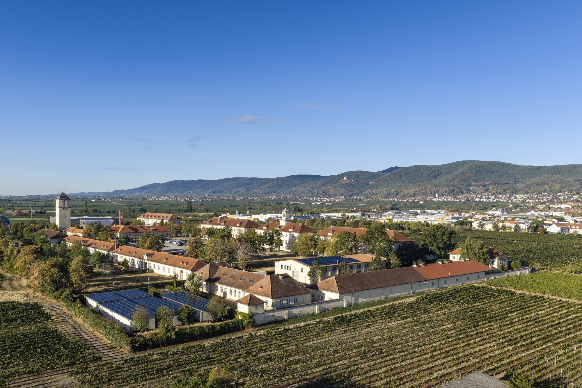 »Le Quartier«, ehemalige Turenne-Kaserne, Neustadt an der Weinstraße — Luftbild der Anlage zwischen Weinbergen, dahinter die Haardt