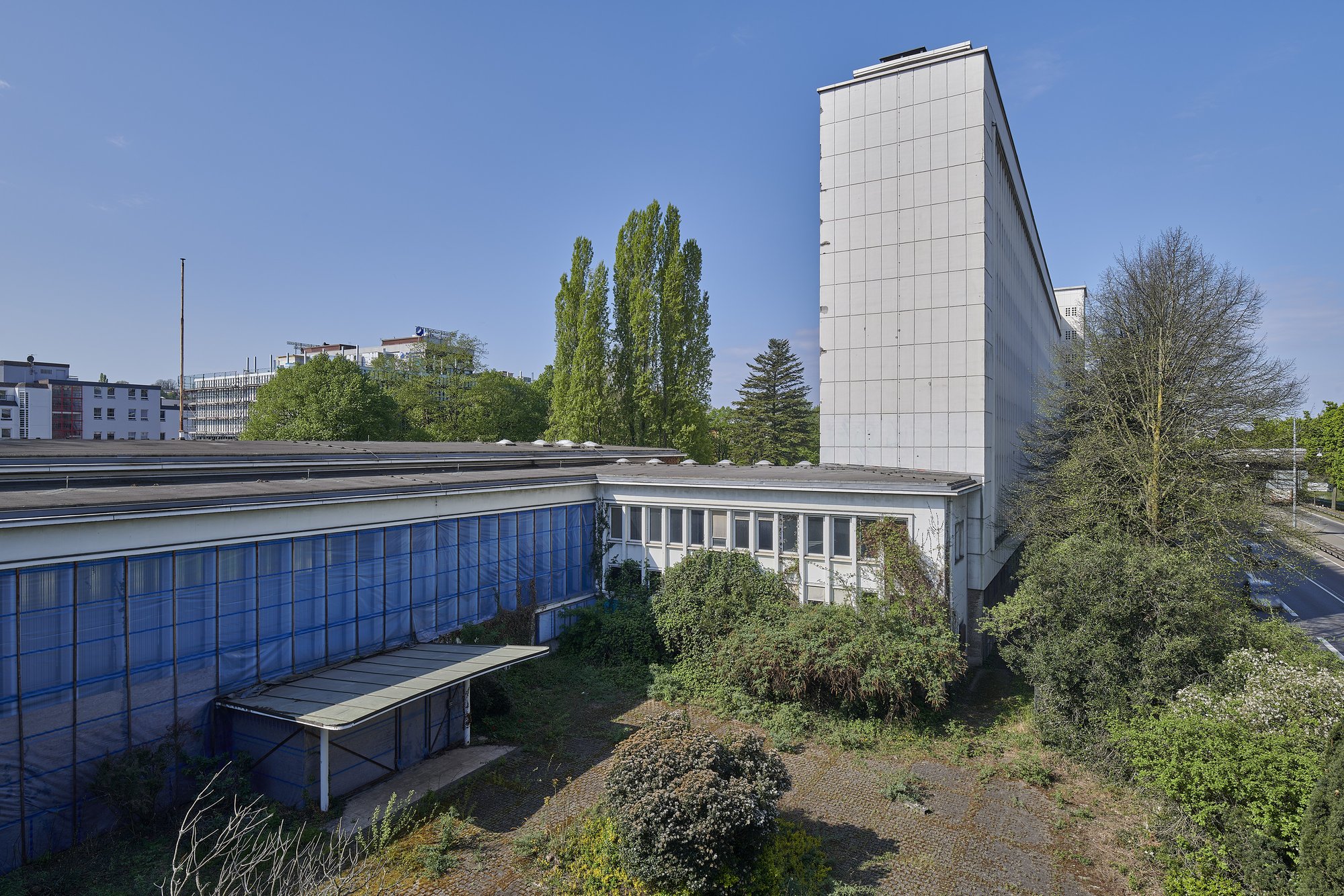 Ehemalige Französische Botschaft, Saarbrücken, Saarland — Blick von oben in den zugewachsenen Innenhof, die Fassade in blauer Schutzfolie