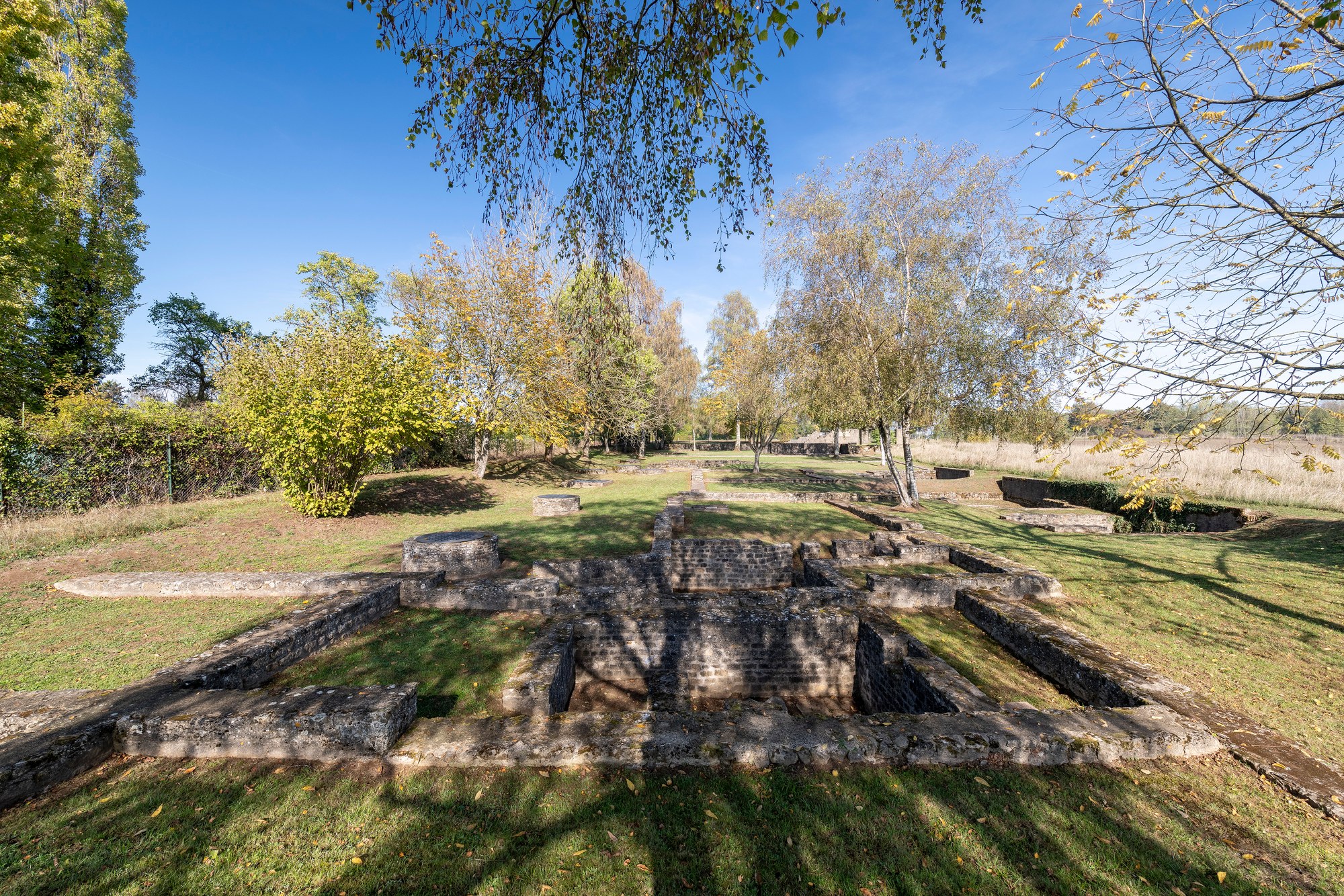 Architekturfotografie Vicus Ricciacum, Dalheim — freigelegte Grundmauern zwischen Birken